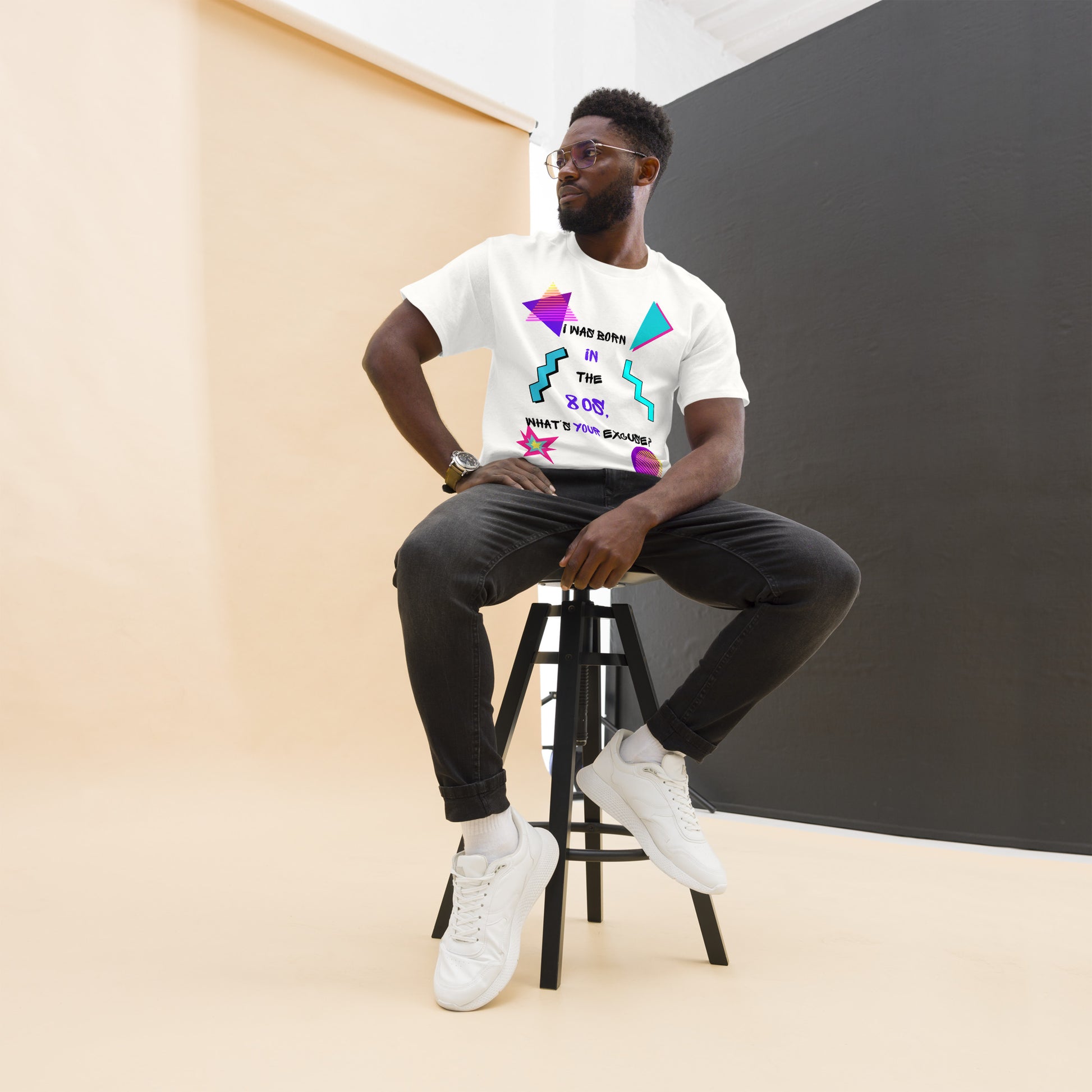 Hipyfi Retro 80s 'Born in the 80s' Unisex Tee – Vintage Graphic T-Shirt with Bold Pop Culture Design. white-front
