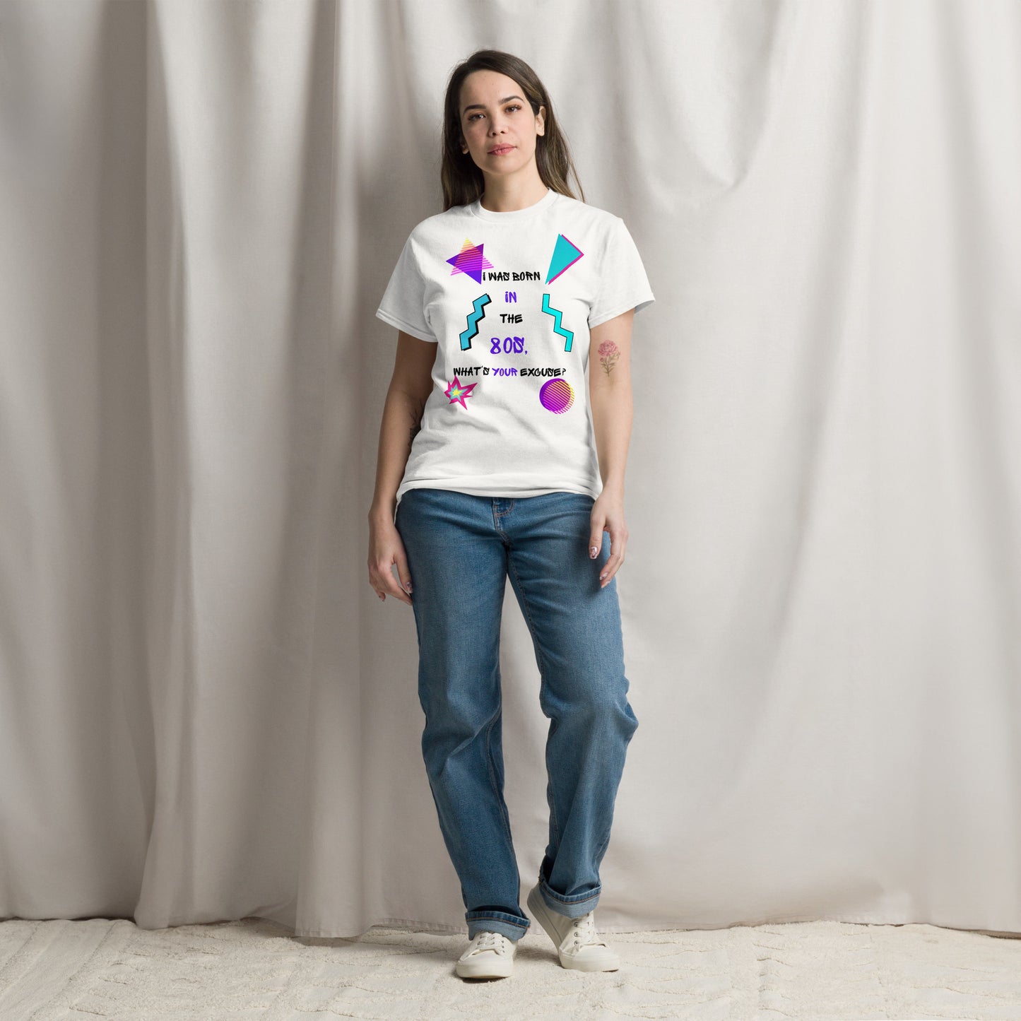 Hipyfi Retro 80s 'Born in the 80s' Unisex Tee – Vintage Graphic T-Shirt with Bold Pop Culture Design. white-front-3