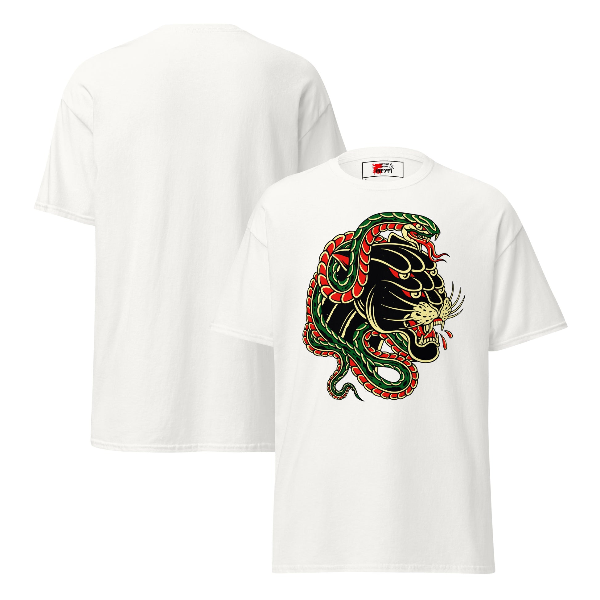 Hipyfi Panther & Snake Graphic Unisex T-Shirt - Bold design on classic fit streetwear tee. white-front-3