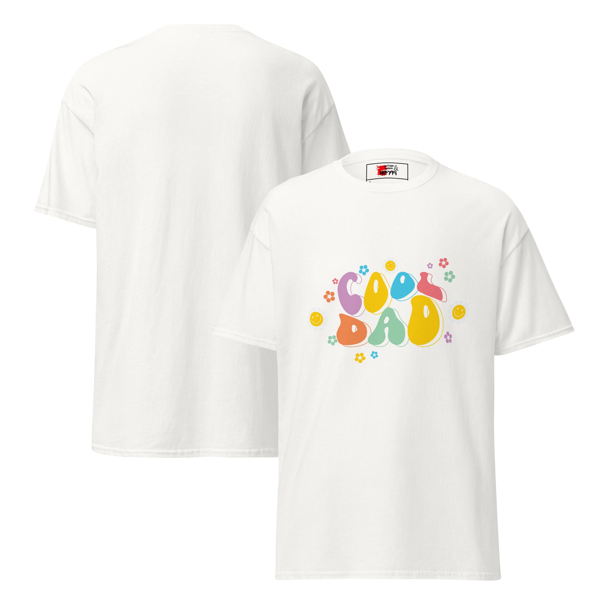Hipyfi Retro Cool Dad Unisex Graphic Tee – Vintage 70s Style T-Shirt with colorful 'Cool Dad' graphic and floral design. white-front-and-back