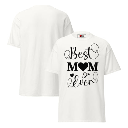 Best Mom Ever unisex graphic t-shirt in classic fit by Hipyfi Clothes & Design – perfect Mother’s Day gift in white with heart and butterfly typography. white-front-and-back