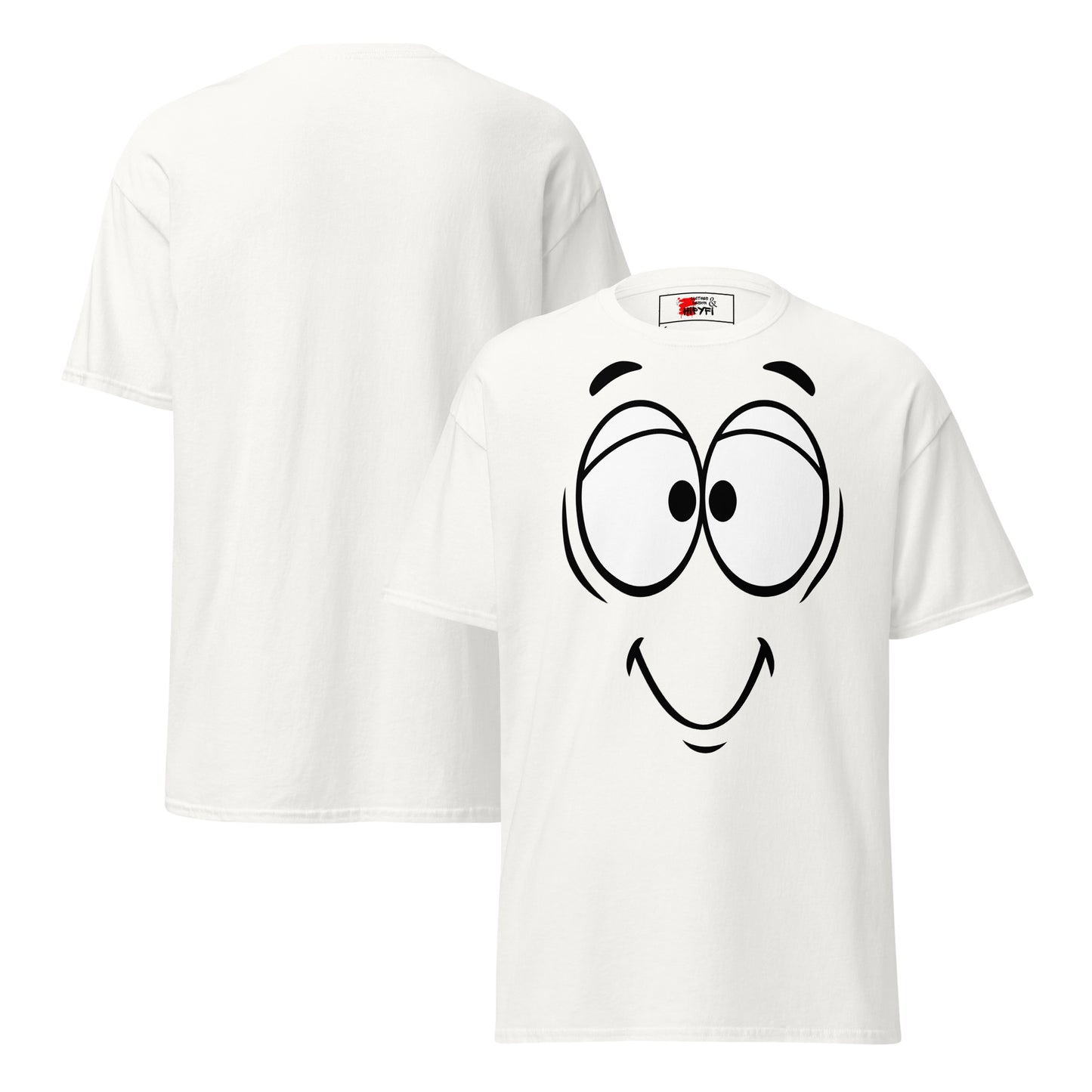 Unisex minimalist cartoon face t-shirt with bold black line art and playful smile – Hipyfi Clothes & Design. white-front-and-back