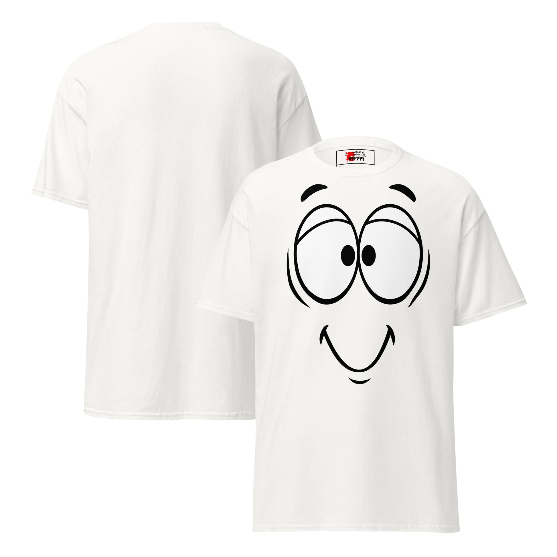Unisex minimalist cartoon face t-shirt with bold black line art and playful smile – Hipyfi Clothes & Design. white-front-and-back