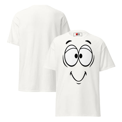 Unisex minimalist cartoon face t-shirt with bold black line art and playful smile – Hipyfi Clothes & Design. white-front-and-back