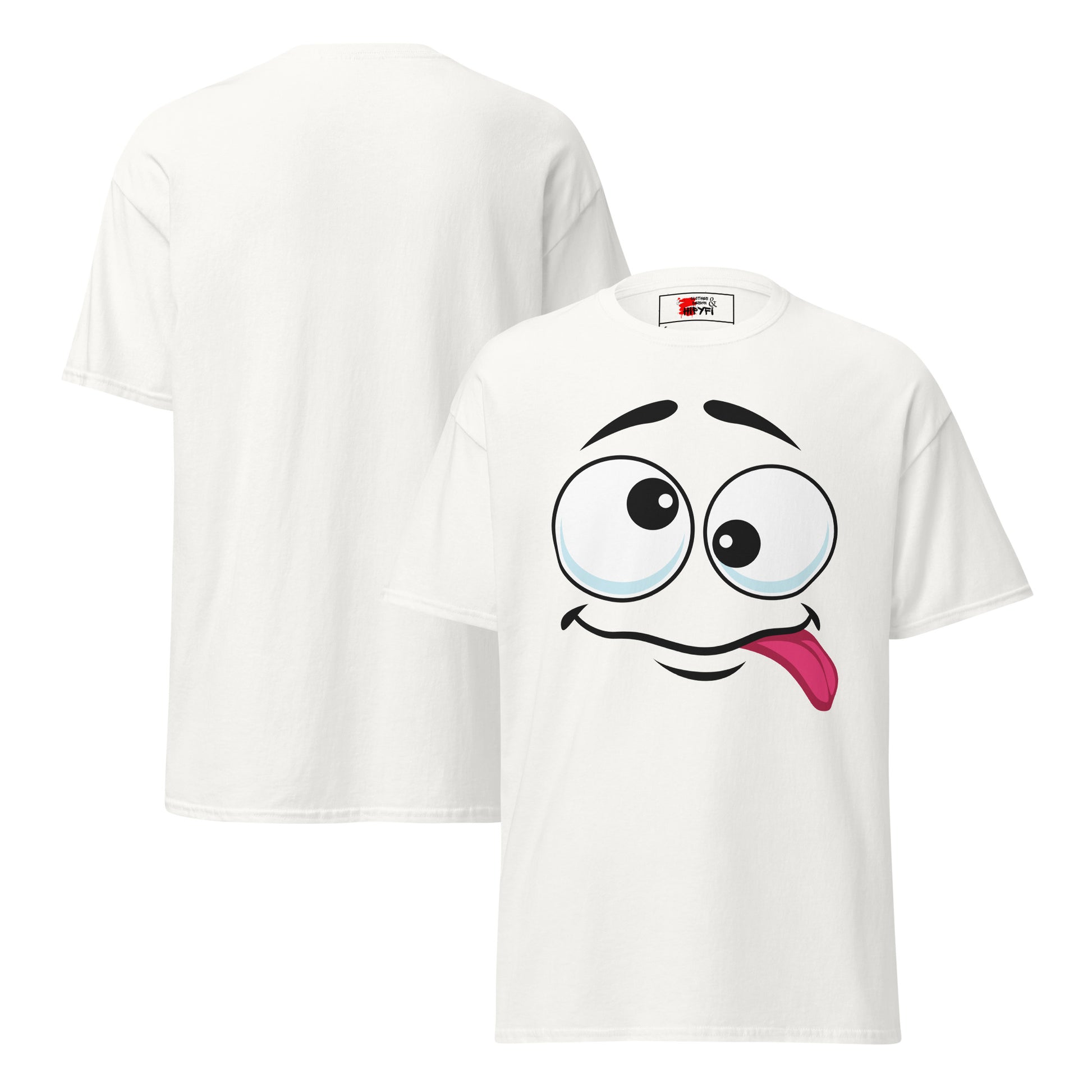 Hipyfi Playful Whimsical Cartoon Face Unisex T-Shirt – Fun Graphic Tee for Streetwear. white-front-and-back