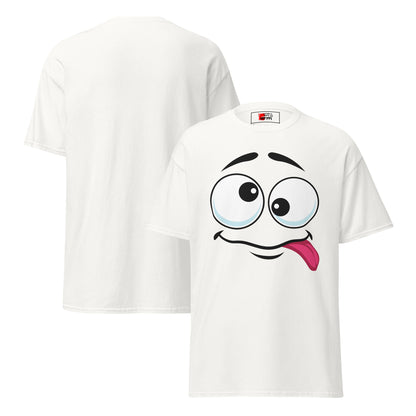 Hipyfi Playful Whimsical Cartoon Face Unisex T-Shirt – Fun Graphic Tee for Streetwear. white-front-and-back