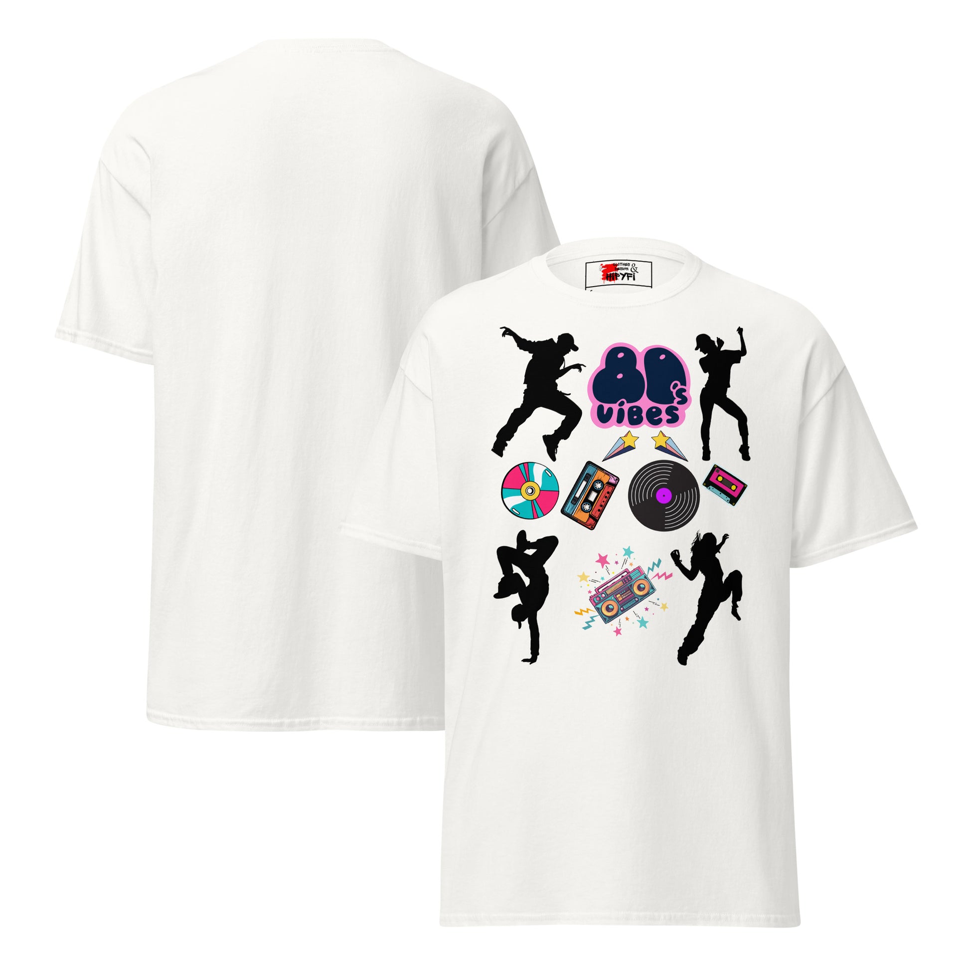 Unisex 80s Vibes graphic t-shirt with retro pop culture design by Hipyfi Clothes & Design white-front-and-back