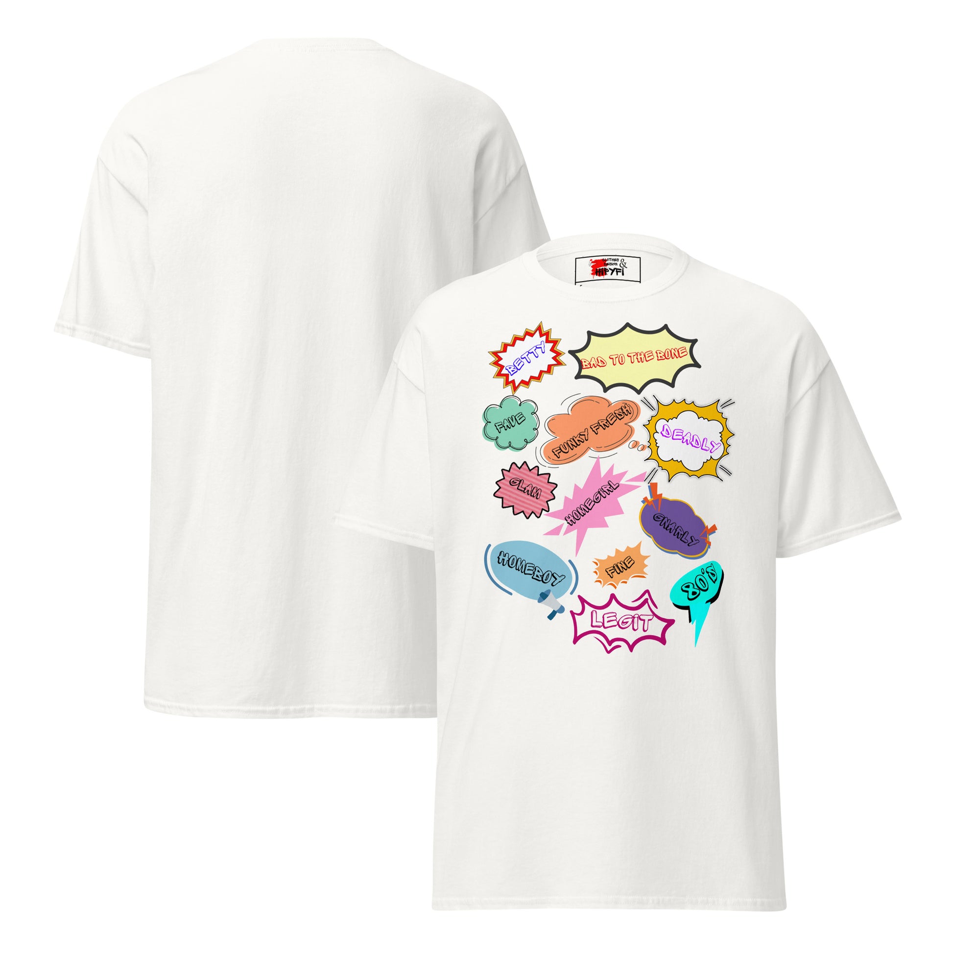 80s Comic Style Unisex T-Shirt with Retro Pop Art Graphic – Hipyfi Clothes & Design. white-front-and-back