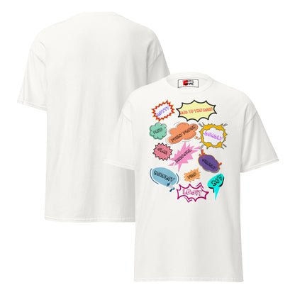 80s Comic Style Unisex T-Shirt with Retro Pop Art Graphic – Hipyfi Clothes & Design. white-front-and-back