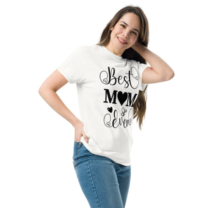 Best Mom Ever unisex graphic t-shirt in classic fit by Hipyfi Clothes & Design – perfect Mother’s Day gift in white with heart and butterfly typography. white-left-front