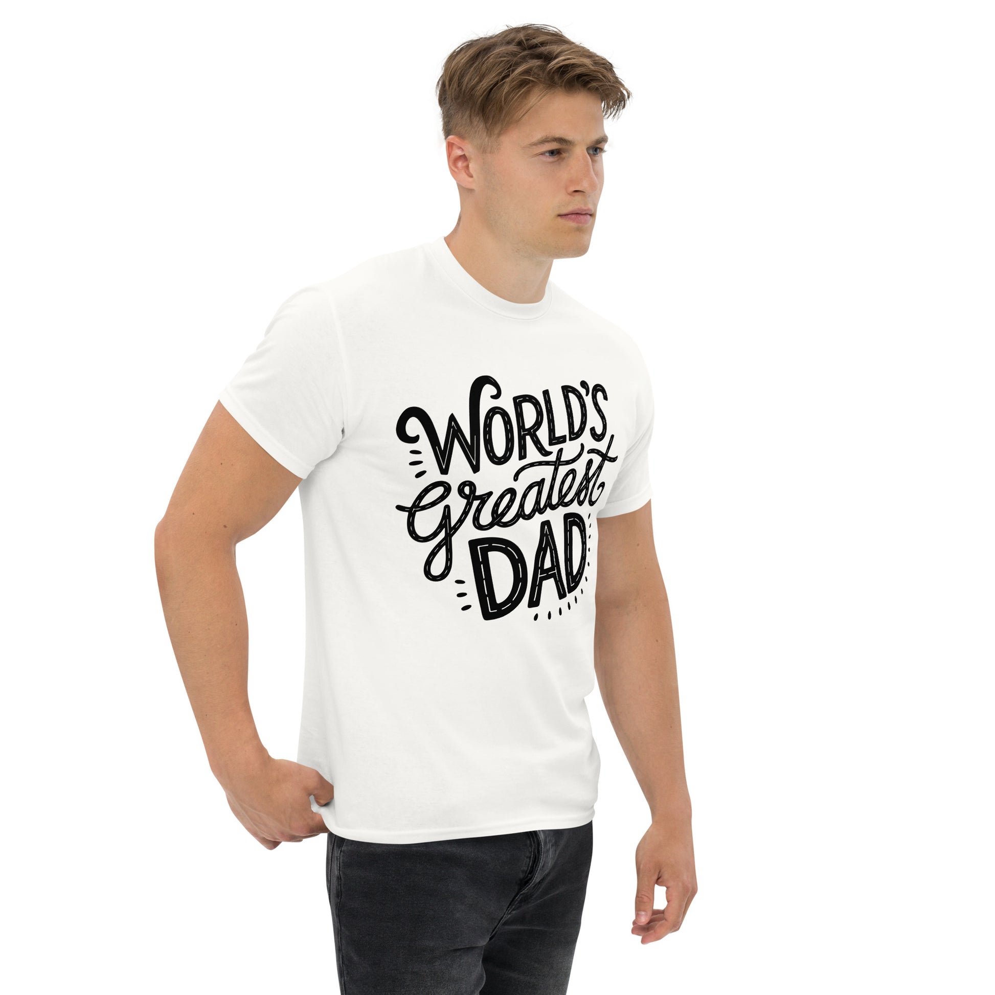 World’s Greatest Dad T-Shirt – Unisex black and white graphic tee with bold typography, perfect Father’s Day gift by Hipyfi Clothes & Design. white-right-front