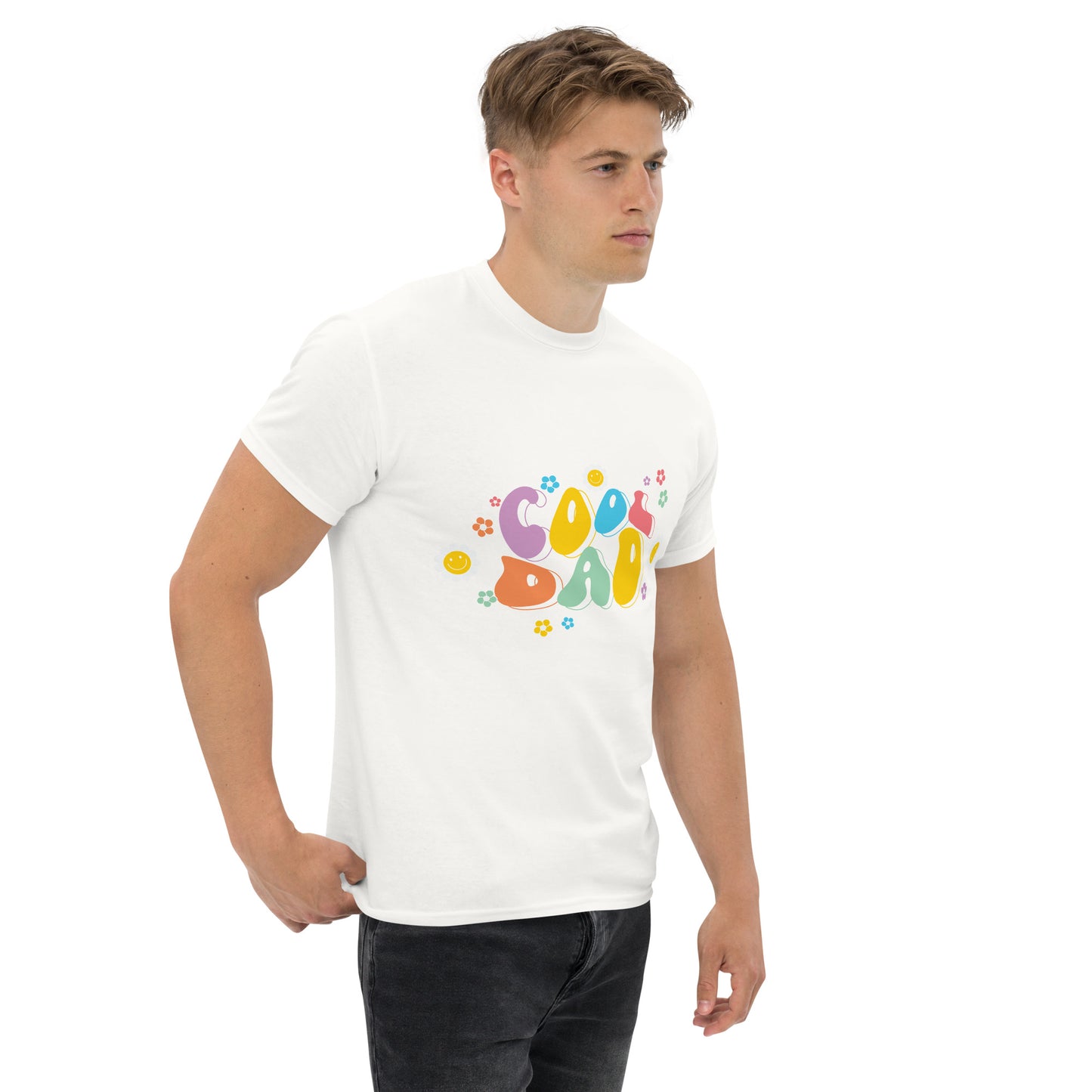 Hipyfi Retro Cool Dad Unisex Graphic Tee – Vintage 70s Style T-Shirt with colorful 'Cool Dad' graphic and floral design. white-right-front