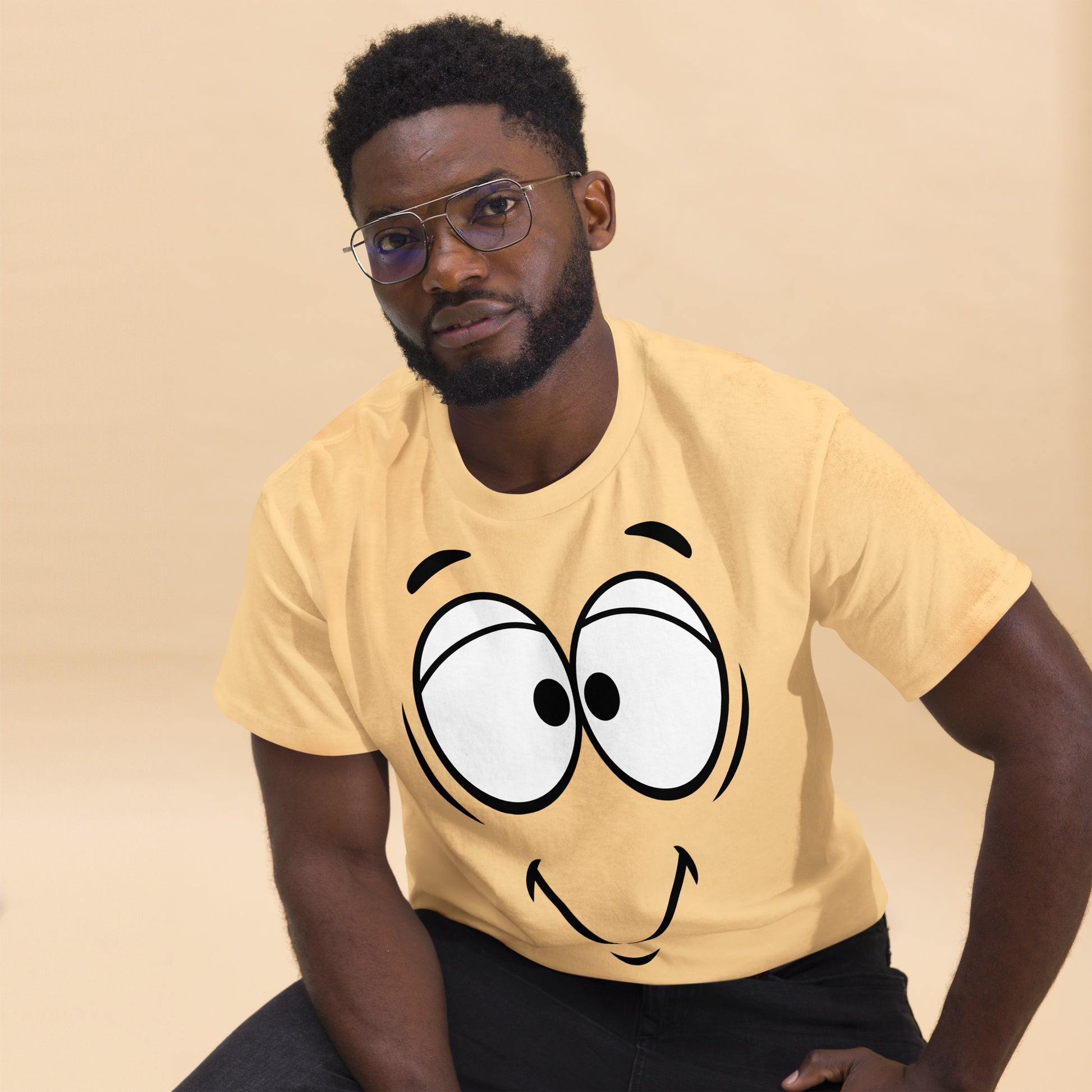 Unisex minimalist cartoon face t-shirt with bold black line art and playful smile – Hipyfi Clothes & Design. yellow-haze-front-2