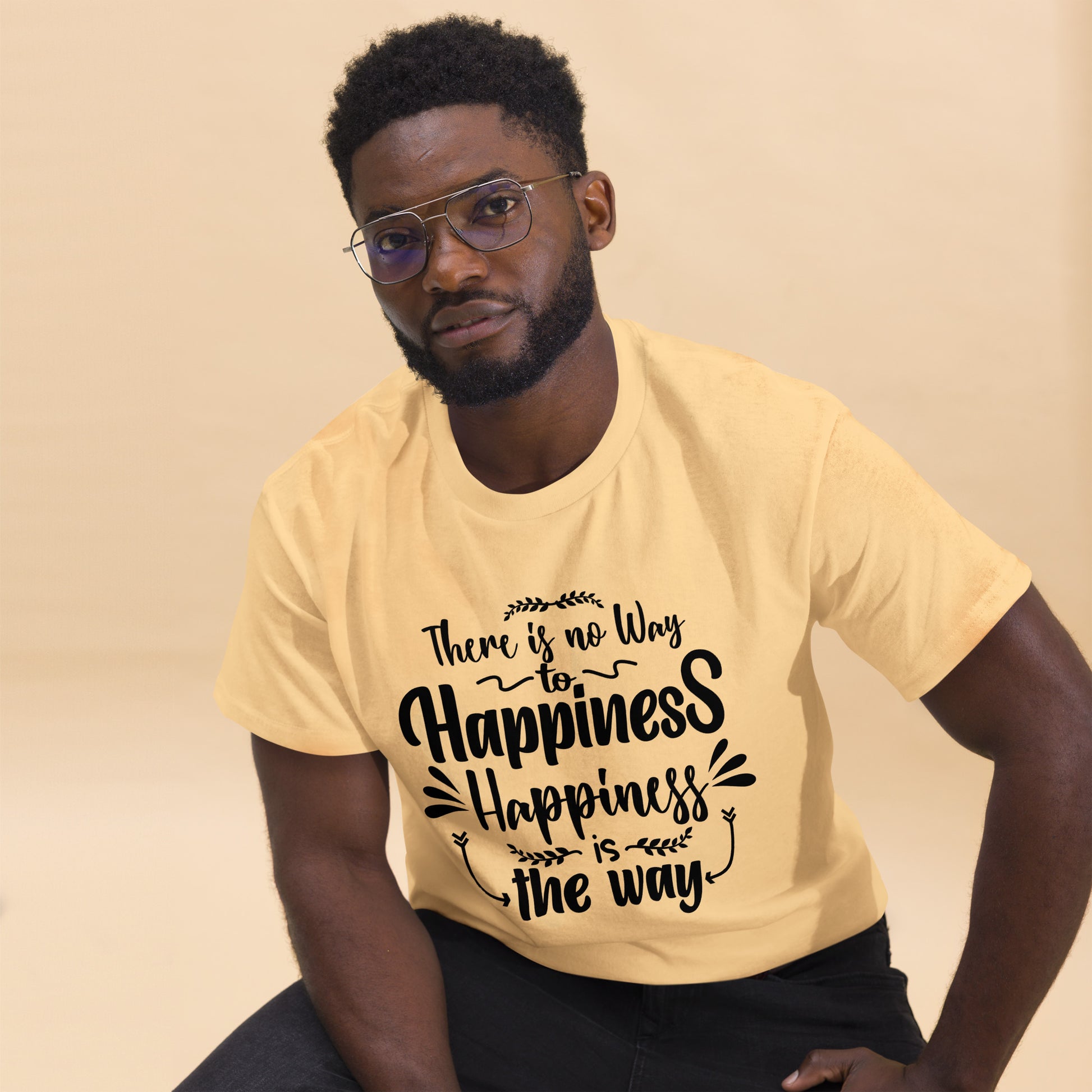 Unisex graphic t-shirt with inspirational quote – Happiness Way Tee by Hipyfi Clothes & Design. yellow-haze-front-2