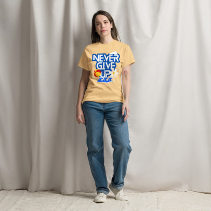 Unisex motivational t-shirt with 'Never Give Up' graphic by Hipyfi Clothes & Design – inspirational summer streetwear tee. yellow-haze-front-2