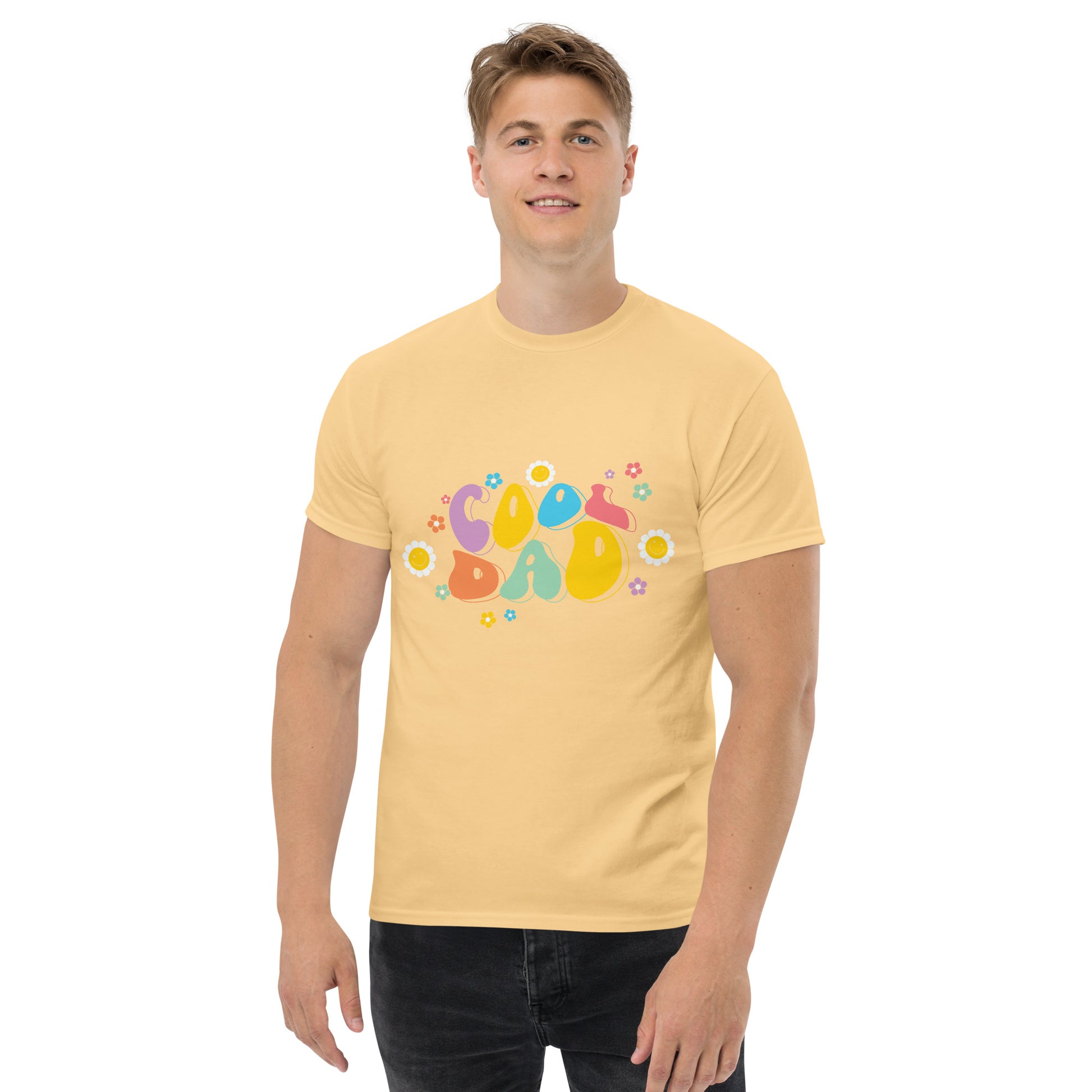 Hipyfi Retro Cool Dad Unisex Graphic Tee – Vintage 70s Style T-Shirt with colorful 'Cool Dad' graphic and floral design. yellow-haze-front-2