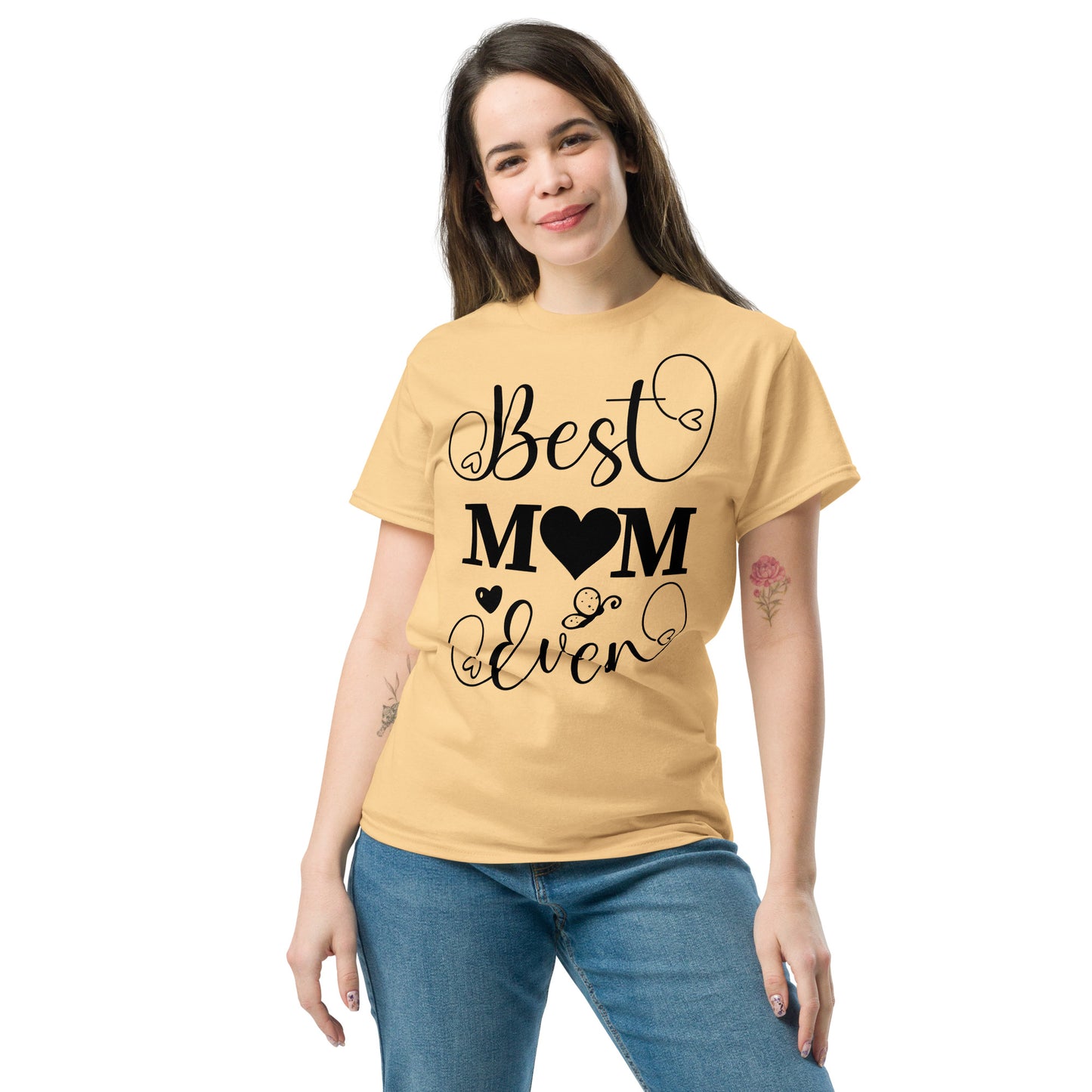 Best Mom Ever unisex graphic t-shirt in classic fit by Hipyfi Clothes & Design – perfect Mother’s Day gift in white with heart and butterfly typography. yellow-haze-front-2