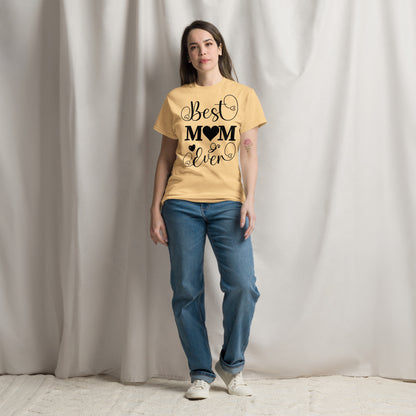 Best Mom Ever unisex graphic t-shirt in classic fit by Hipyfi Clothes & Design – perfect Mother’s Day gift in white with heart and butterfly typography. yellow-haze-front