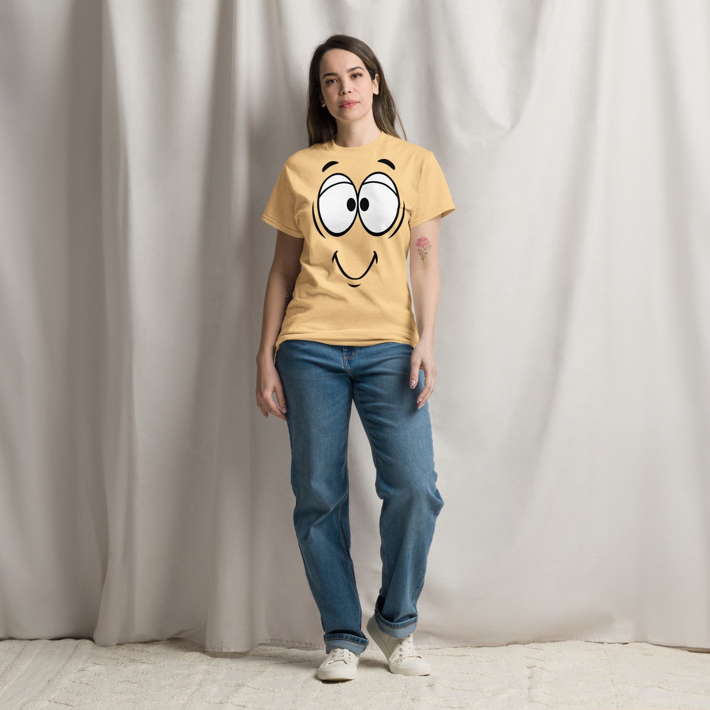 Unisex minimalist cartoon face t-shirt with bold black line art and playful smile – Hipyfi Clothes & Design. yellow-haze-front-3