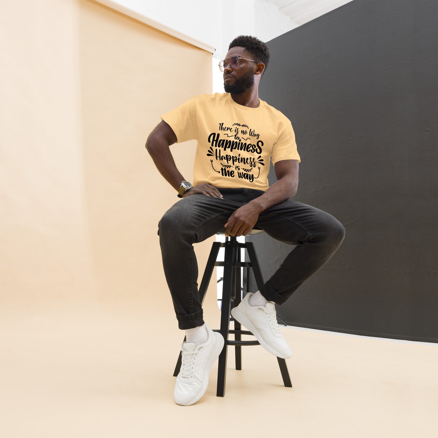Unisex graphic t-shirt with inspirational quote – Happiness Way Tee by Hipyfi Clothes & Design. yellow-haze-front