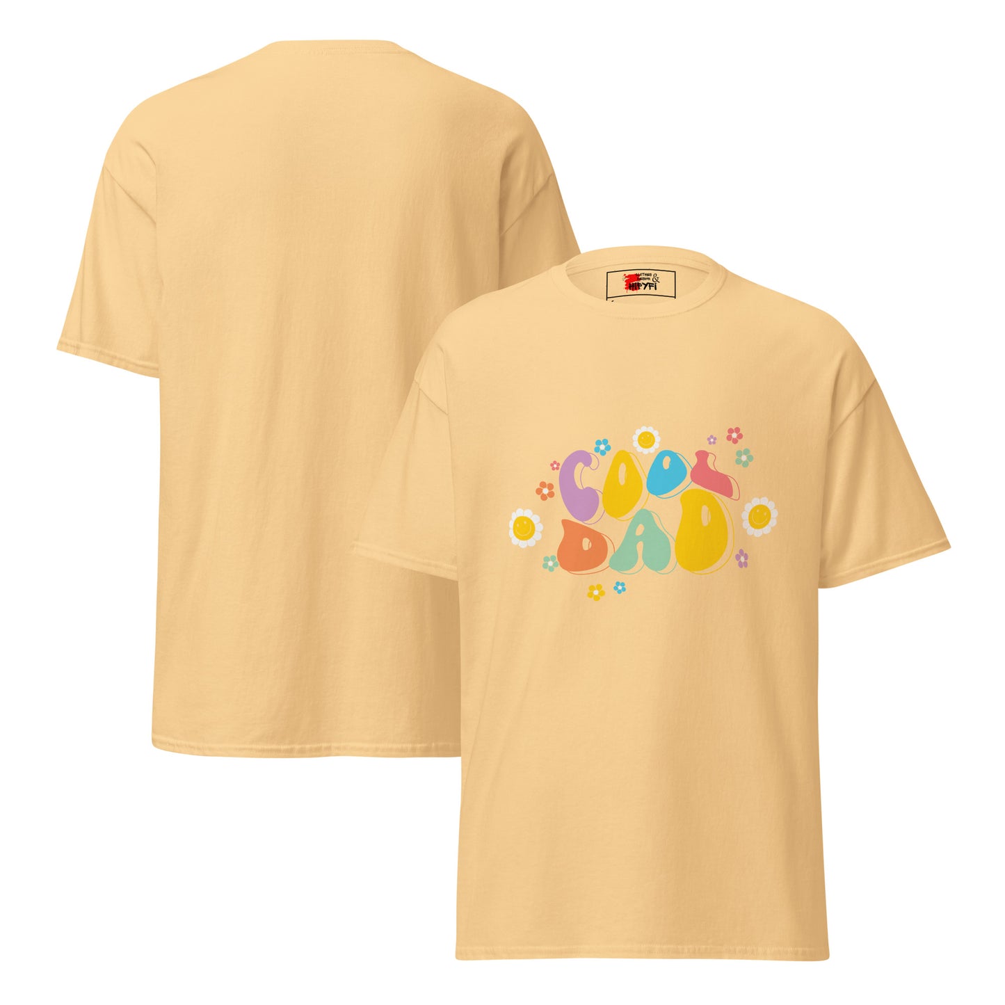 Hipyfi Retro Cool Dad Unisex Graphic Tee – Vintage 70s Style T-Shirt with colorful 'Cool Dad' graphic and floral design. yellow-haze-front-and-back