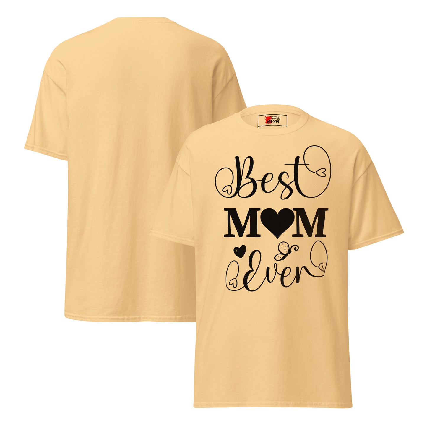 Best Mom Ever unisex graphic t-shirt in classic fit by Hipyfi Clothes & Design – perfect Mother’s Day gift in white with heart and butterfly typography. yellow-haze-front-and-back