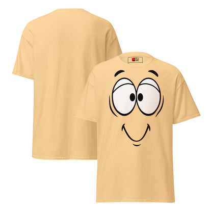 Unisex minimalist cartoon face t-shirt with bold black line art and playful smile – Hipyfi Clothes & Design. yellow-haze-front-and-back