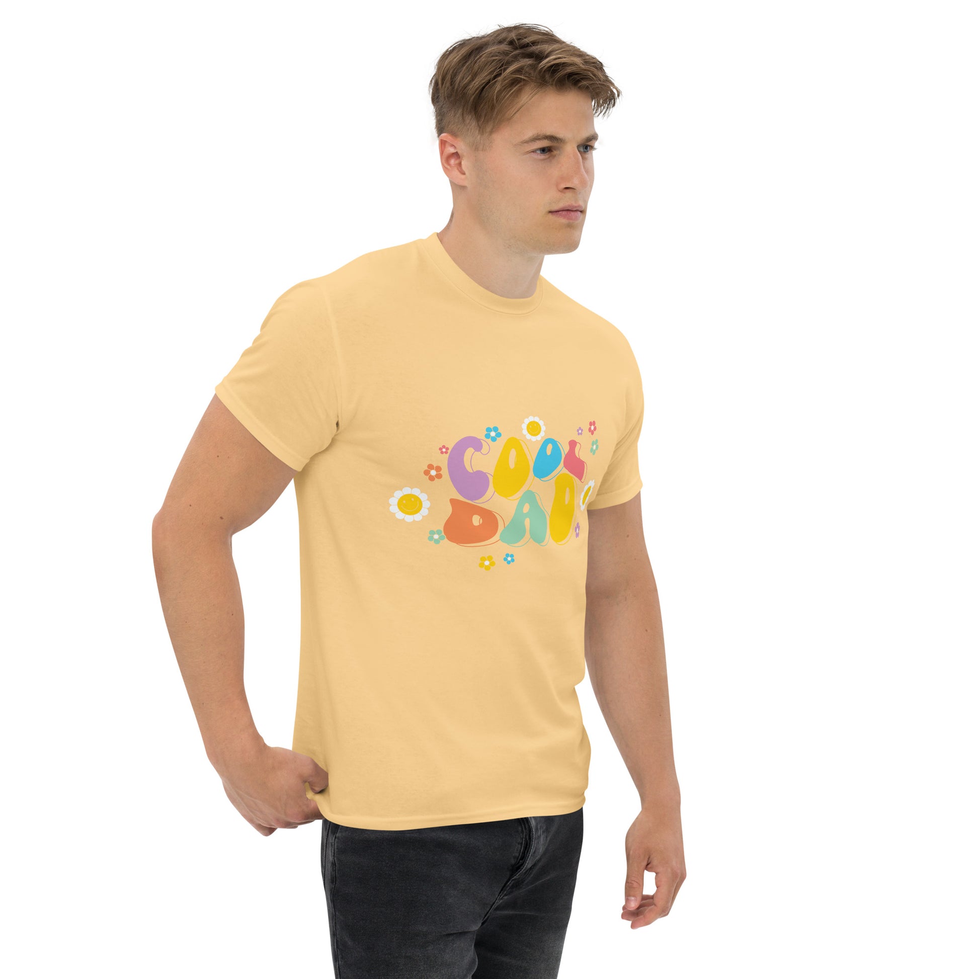 Hipyfi Retro Cool Dad Unisex Graphic Tee – Vintage 70s Style T-Shirt with colorful 'Cool Dad' graphic and floral design. yellow-haze-right-front