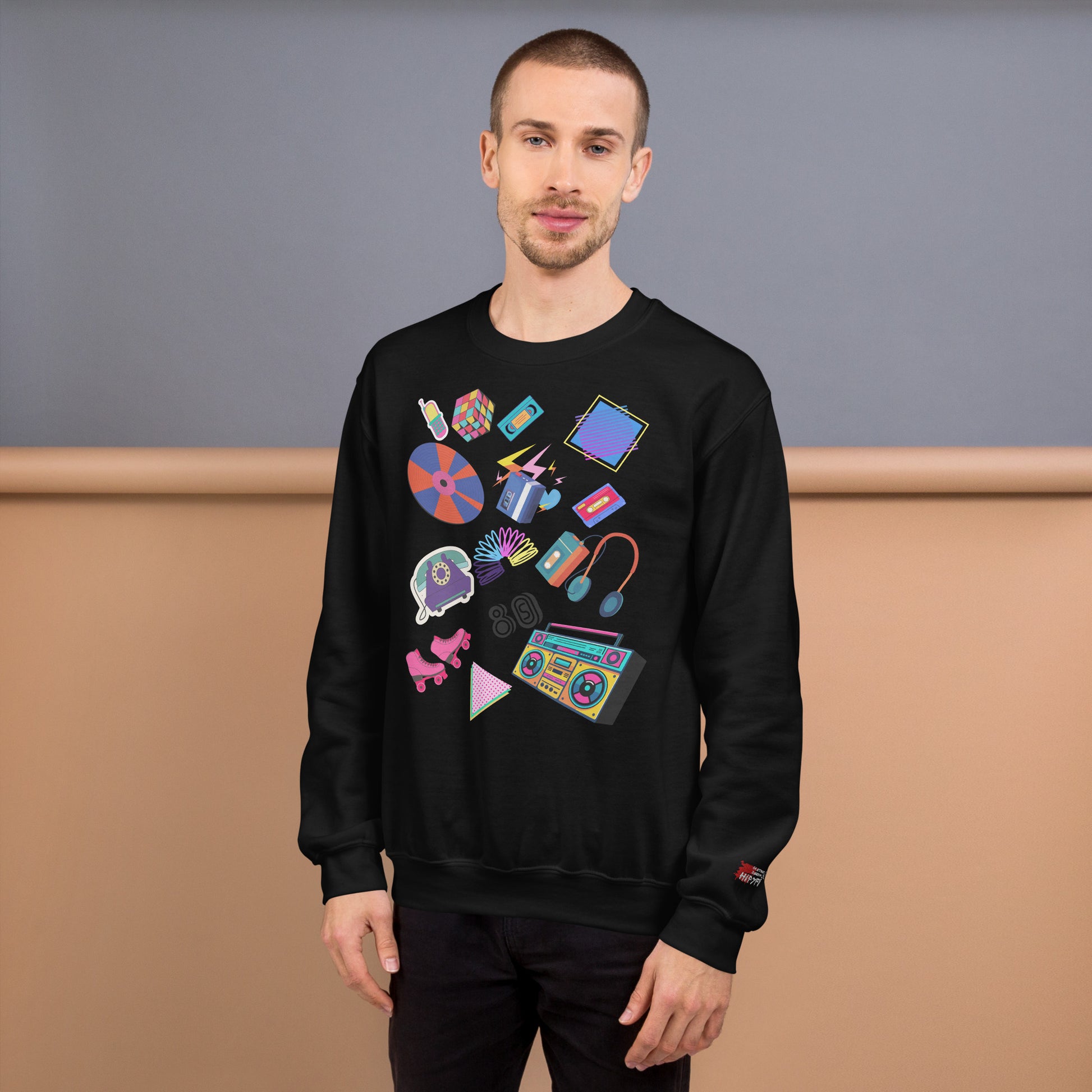 Unisex retro 80s pop culture crewneck sweatshirt with colorful graphic icons – Hipyfi Clothes & Design. black-front