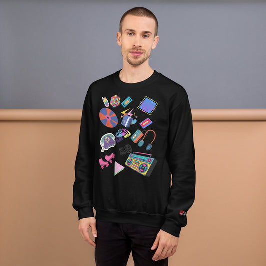 Unisex retro 80s pop culture crewneck sweatshirt with colorful graphic icons – Hipyfi Clothes & Design. black-front