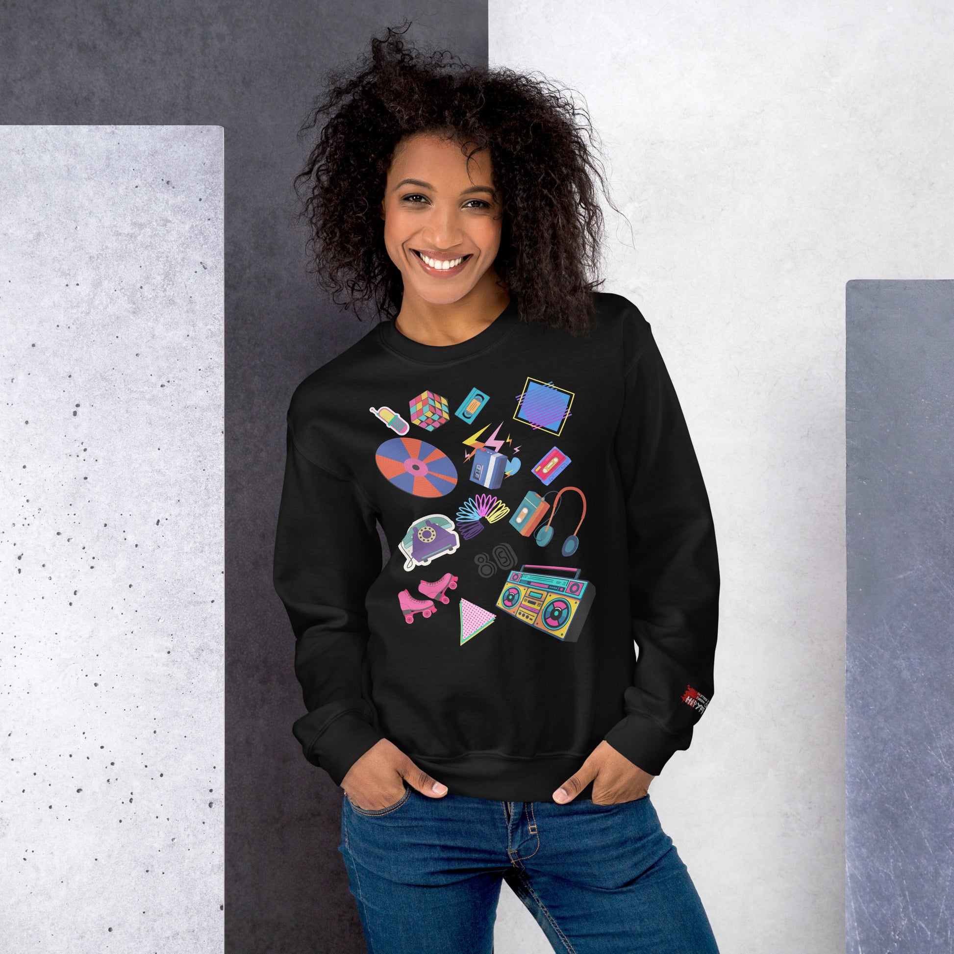 Unisex retro 80s pop culture crewneck sweatshirt with colorful graphic icons – Hipyfi Clothes & Design. black-front-3