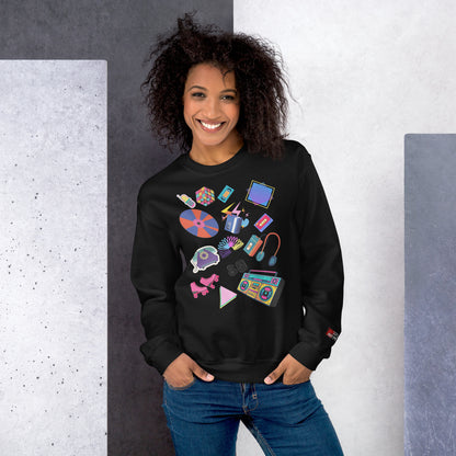 Unisex retro 80s pop culture crewneck sweatshirt with colorful graphic icons – Hipyfi Clothes & Design. black-front-3