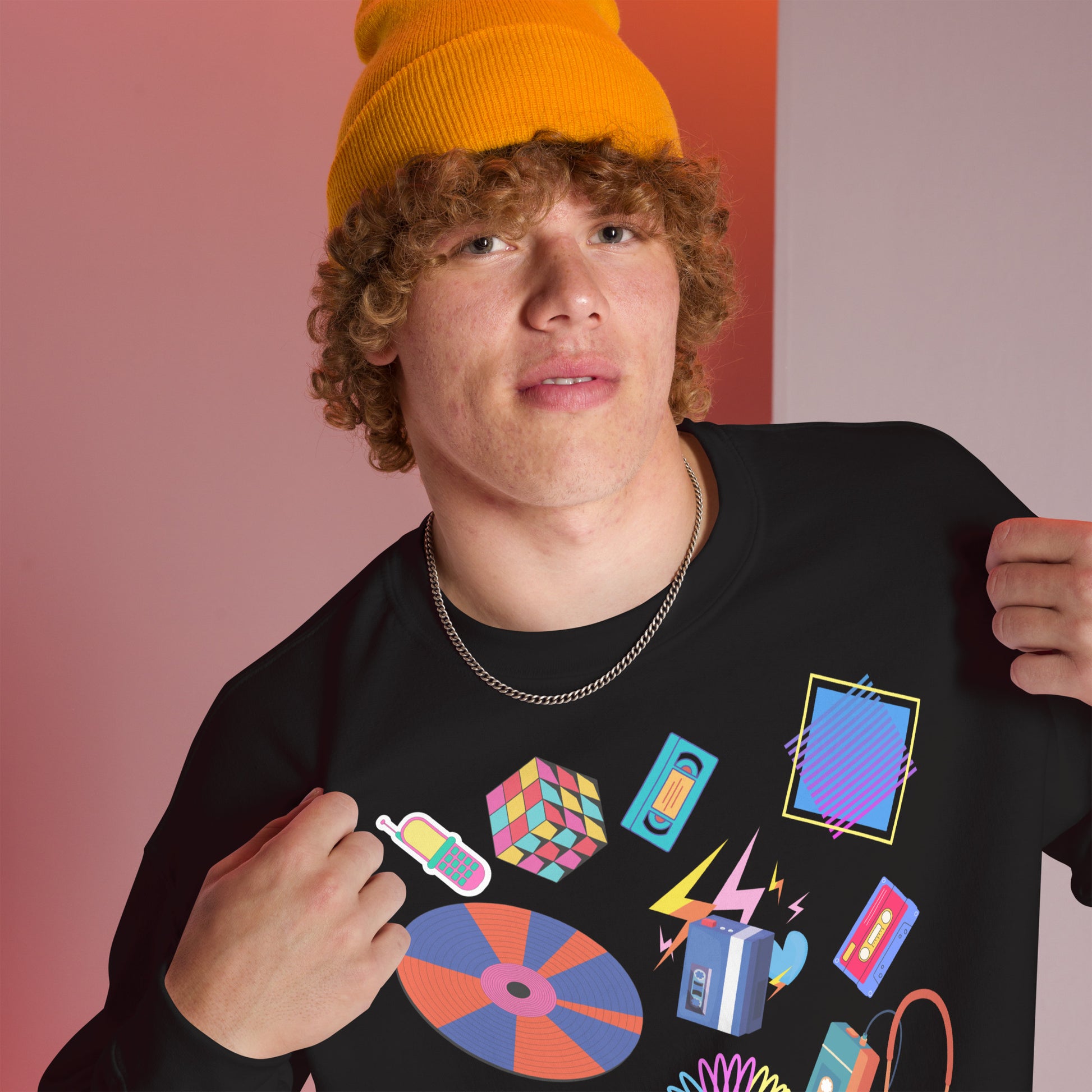 Unisex retro 80s pop culture crewneck sweatshirt with colorful graphic icons – Hipyfi Clothes & Design. black-right-front