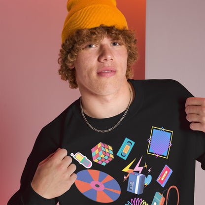 Unisex retro 80s pop culture crewneck sweatshirt with colorful graphic icons – Hipyfi Clothes & Design. black-right-front