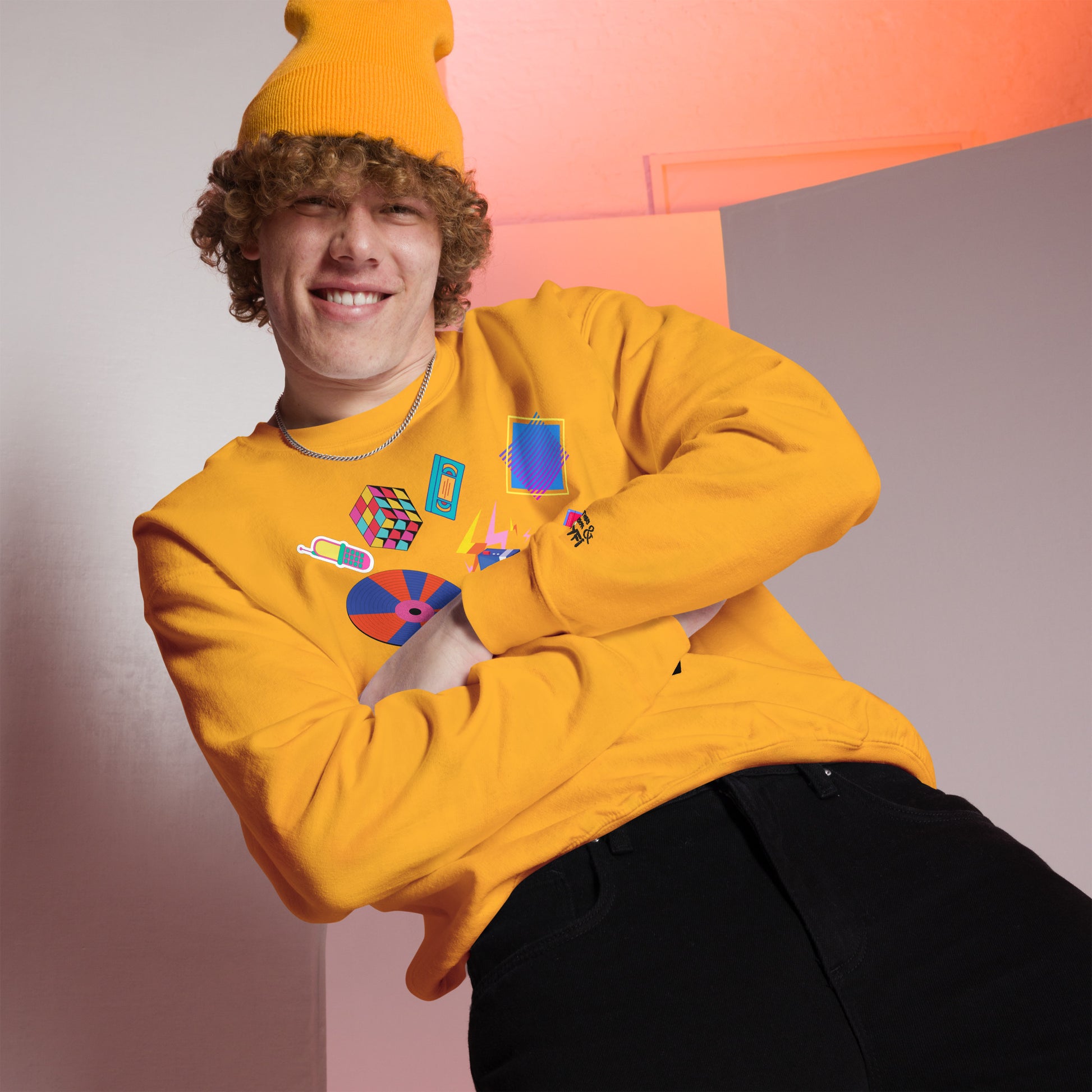Unisex retro 80s pop culture crewneck sweatshirt with colorful graphic icons – Hipyfi Clothes & Design. gold-front-2