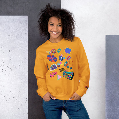 Unisex retro 80s pop culture crewneck sweatshirt with colorful graphic icons – Hipyfi Clothes & Design. gold-front-3