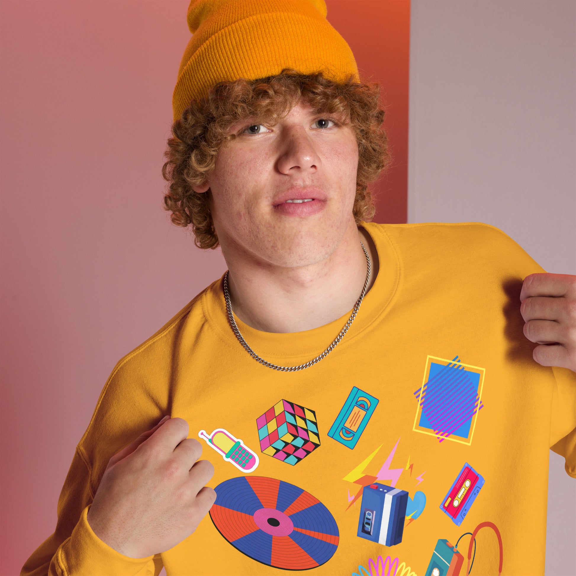 Unisex retro 80s pop culture crewneck sweatshirt with colorful graphic icons – Hipyfi Clothes & Design. gold-right-front