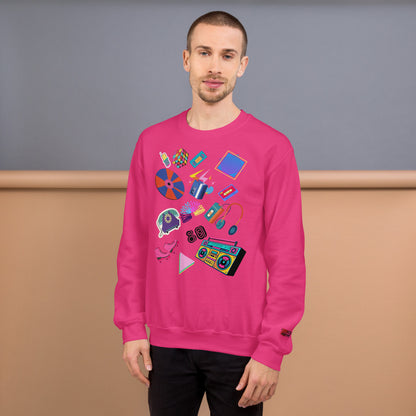 Unisex retro 80s pop culture crewneck sweatshirt with colorful graphic icons – Hipyfi Clothes & Design. heliconia-front