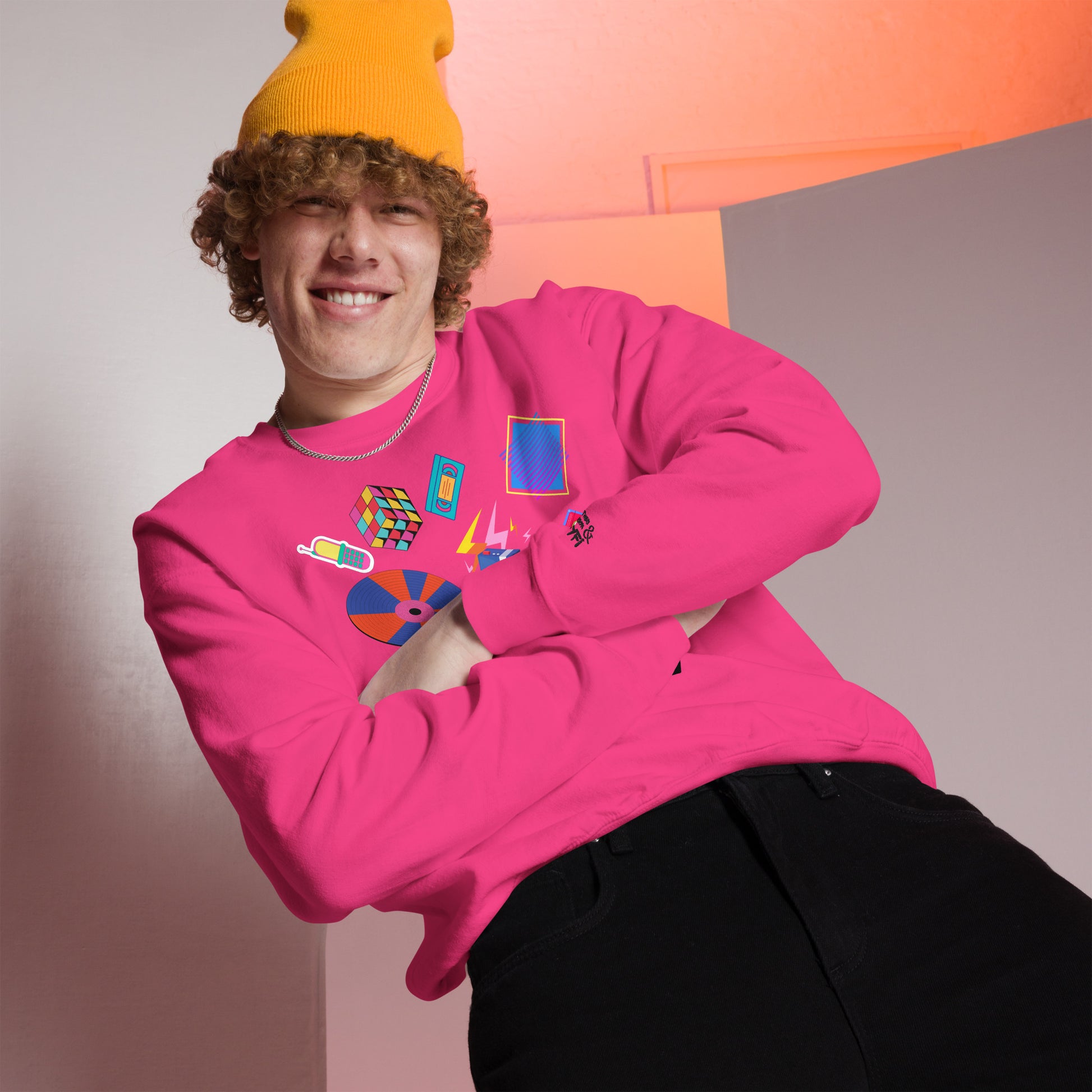 Unisex retro 80s pop culture crewneck sweatshirt with colorful graphic icons – Hipyfi Clothes & Design. heliconia-front-2