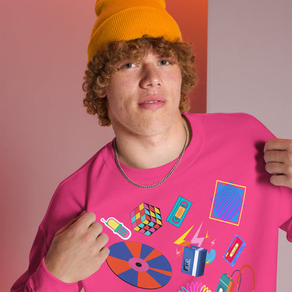 Unisex retro 80s pop culture crewneck sweatshirt with colorful graphic icons – Hipyfi Clothes & Design. heliconia-right-front