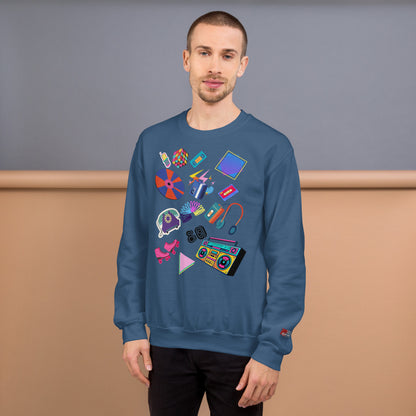 Unisex retro 80s pop culture crewneck sweatshirt with colorful graphic icons – Hipyfi Clothes & Design. indigo-blue-front