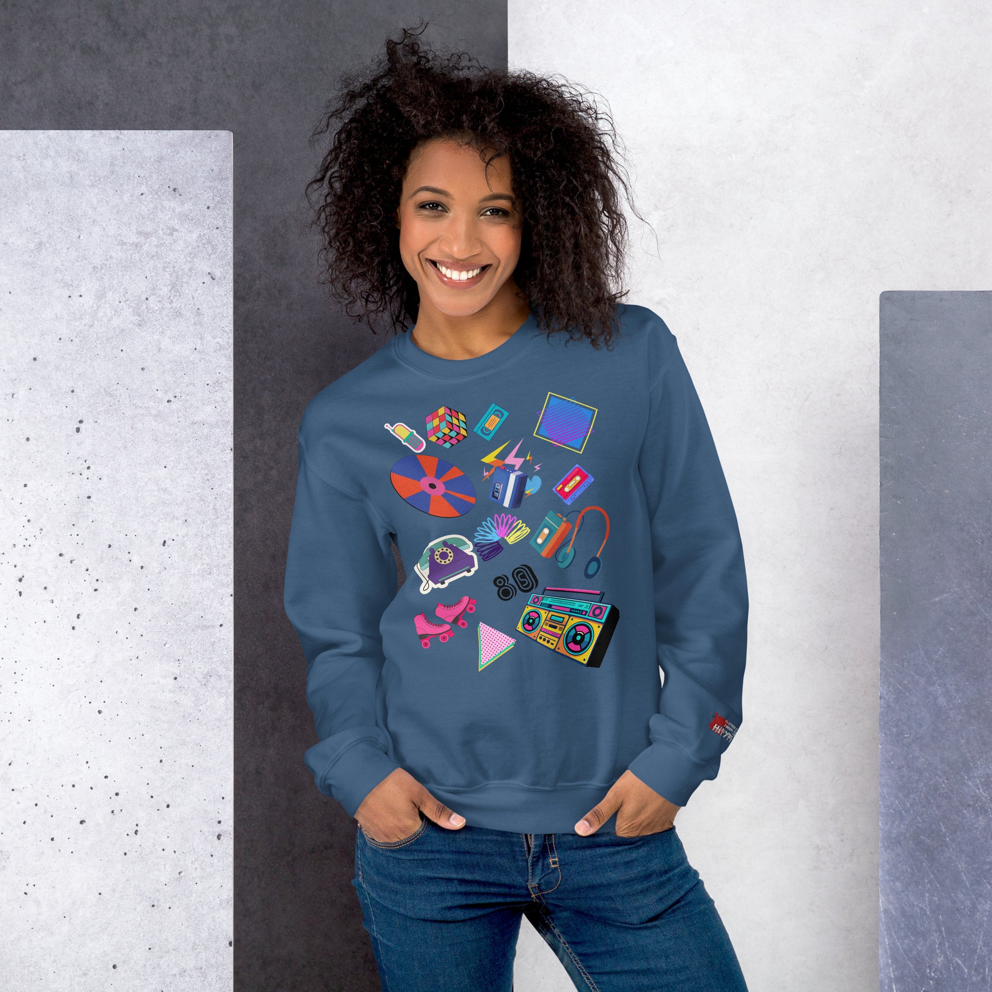 Unisex retro 80s pop culture crewneck sweatshirt with colorful graphic icons – Hipyfi Clothes & Design. indigo-blue-front-3