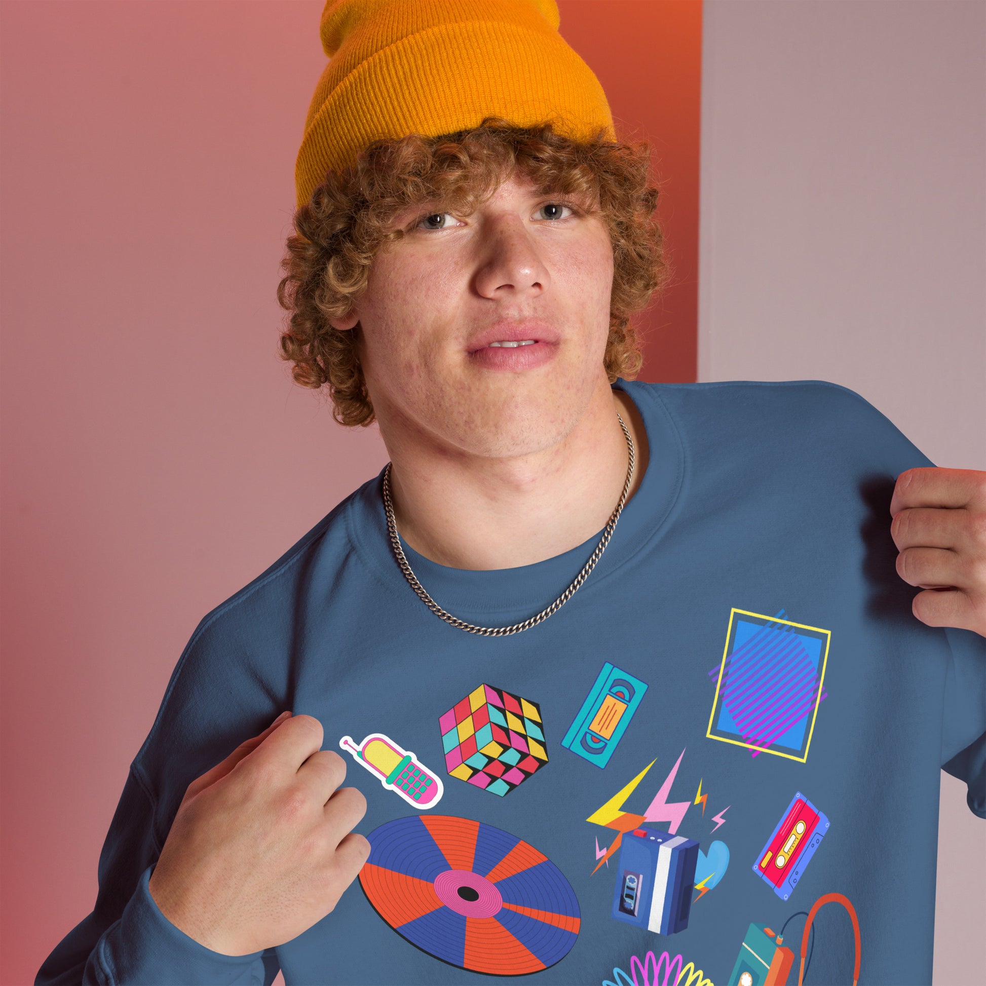 Unisex retro 80s pop culture crewneck sweatshirt with colorful graphic icons – Hipyfi Clothes & Design. indigo-blue-right-front