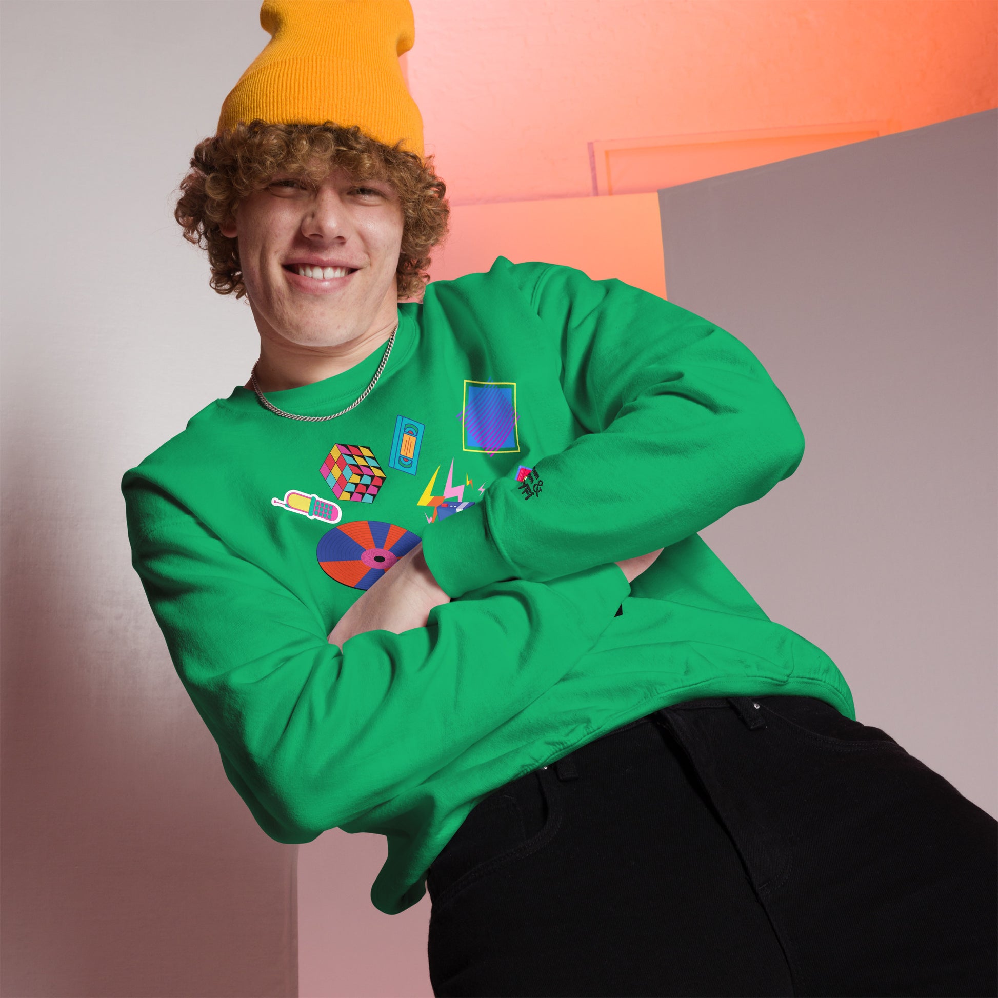 Unisex retro 80s pop culture crewneck sweatshirt with colorful graphic icons – Hipyfi Clothes & Design. irish-green-front-2
