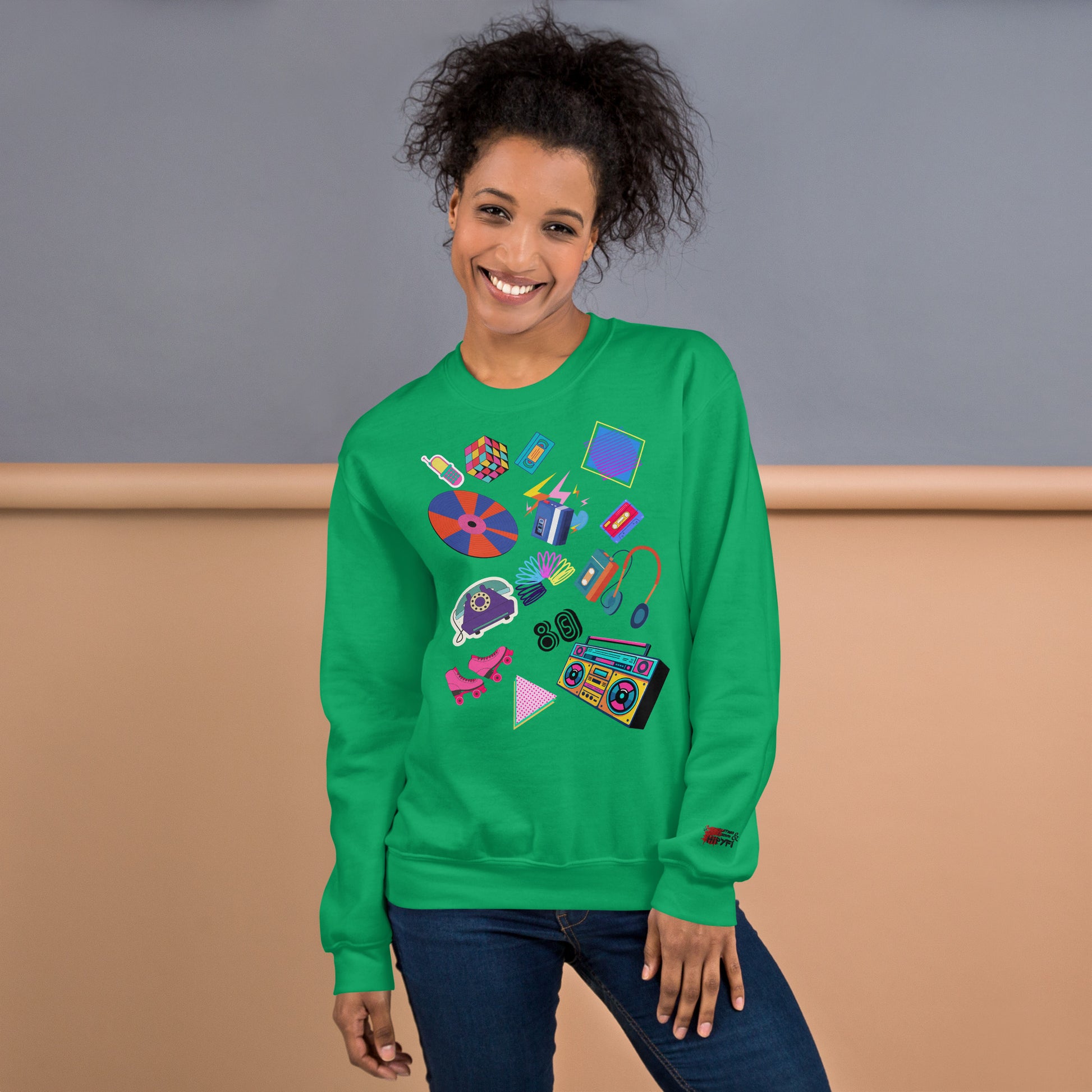 Unisex retro 80s pop culture crewneck sweatshirt with colorful graphic icons – Hipyfi Clothes & Design. irish-green-front-3