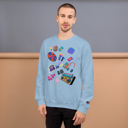 Unisex retro 80s pop culture crewneck sweatshirt with colorful graphic icons – Hipyfi Clothes & Design. light-blue-front