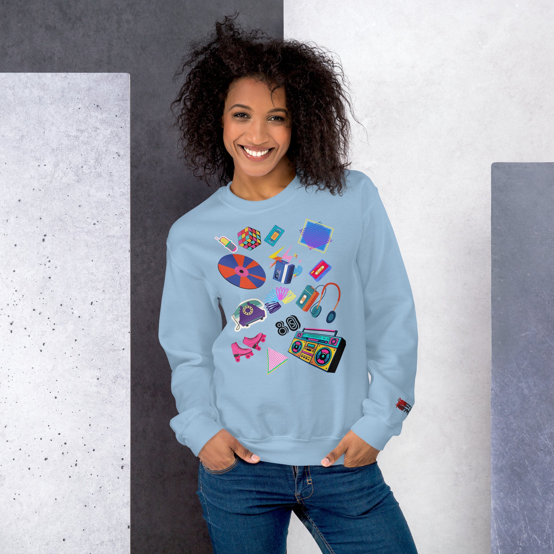 Unisex retro 80s pop culture crewneck sweatshirt with colorful graphic icons – Hipyfi Clothes & Design. light-blue-front-3