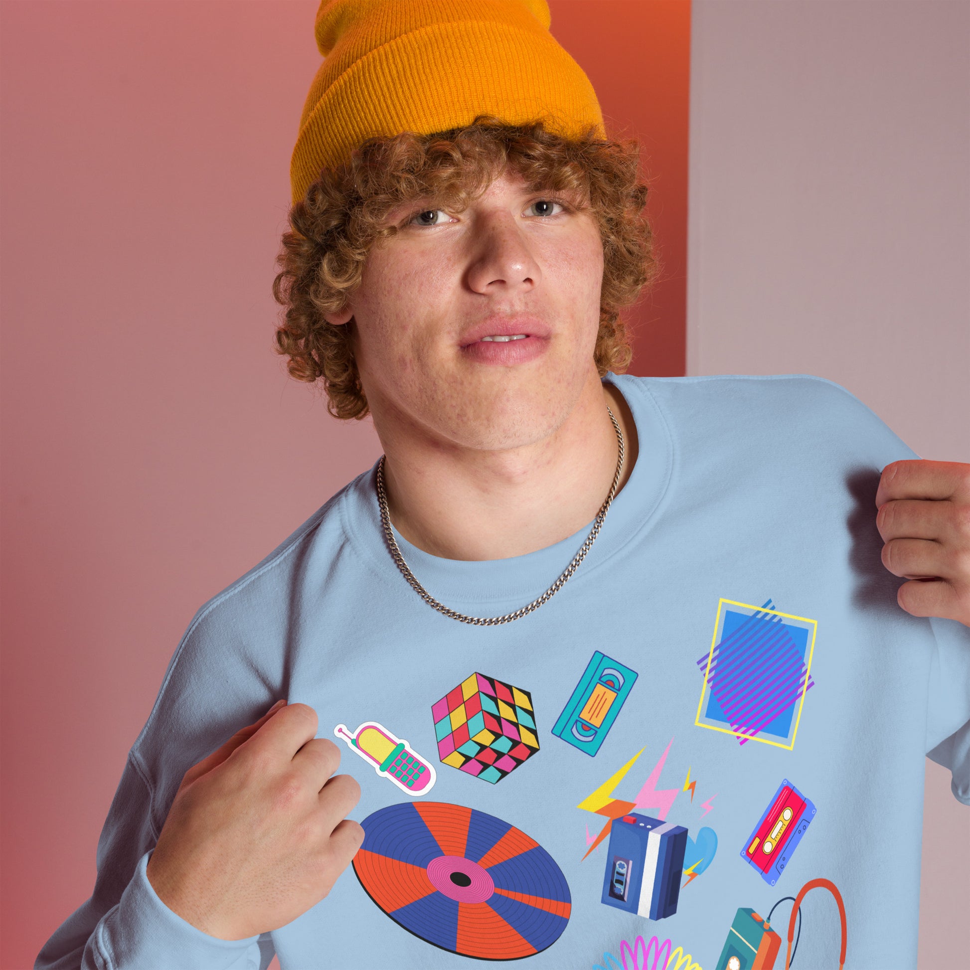 Unisex retro 80s pop culture crewneck sweatshirt with colorful graphic icons – Hipyfi Clothes & Design. light-blue-right-front