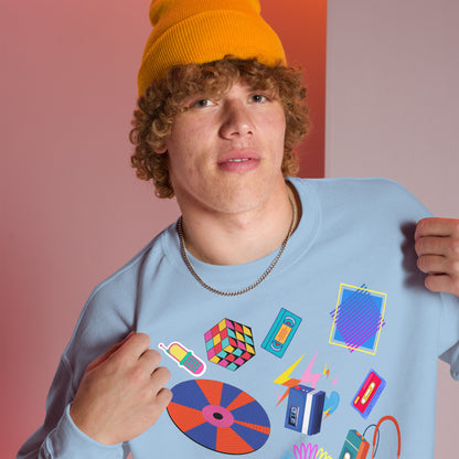 Unisex retro 80s pop culture crewneck sweatshirt with colorful graphic icons – Hipyfi Clothes & Design. light-blue-right-front