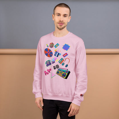 Unisex retro 80s pop culture crewneck sweatshirt with colorful graphic icons – Hipyfi Clothes & Design. light-pink-front